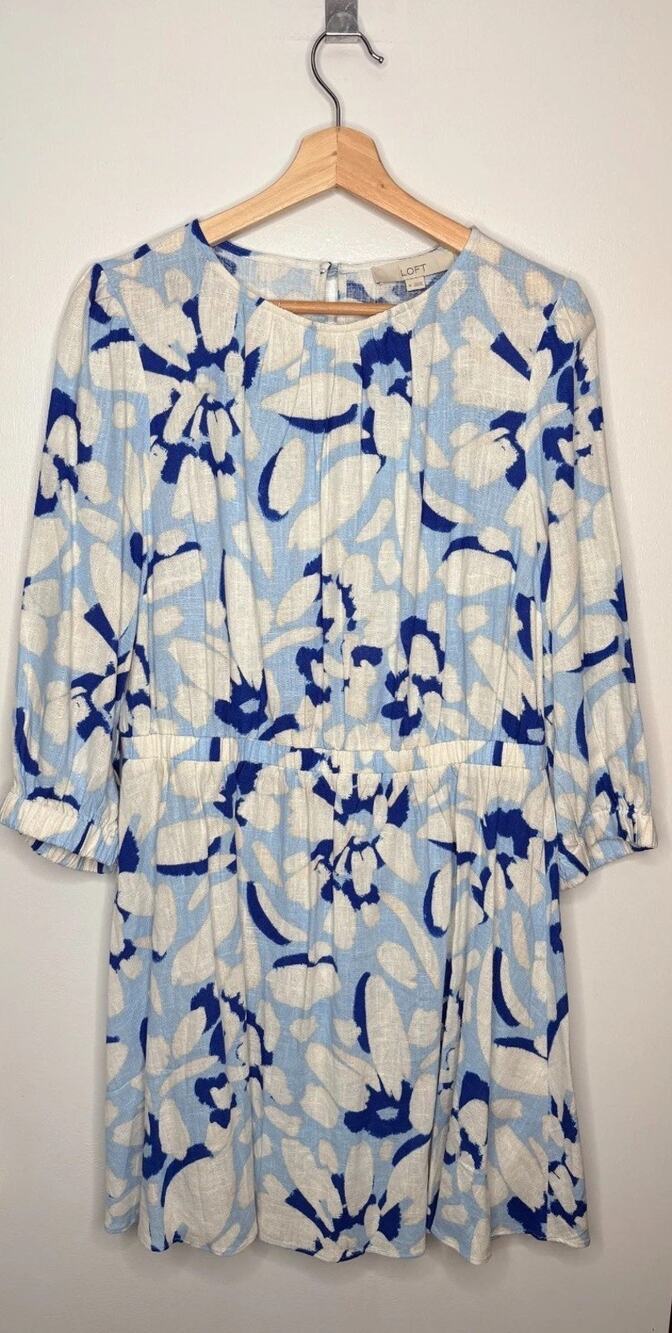 NWOT LOFT Women's Blue White Floral Linen Mini Dress Size Medium